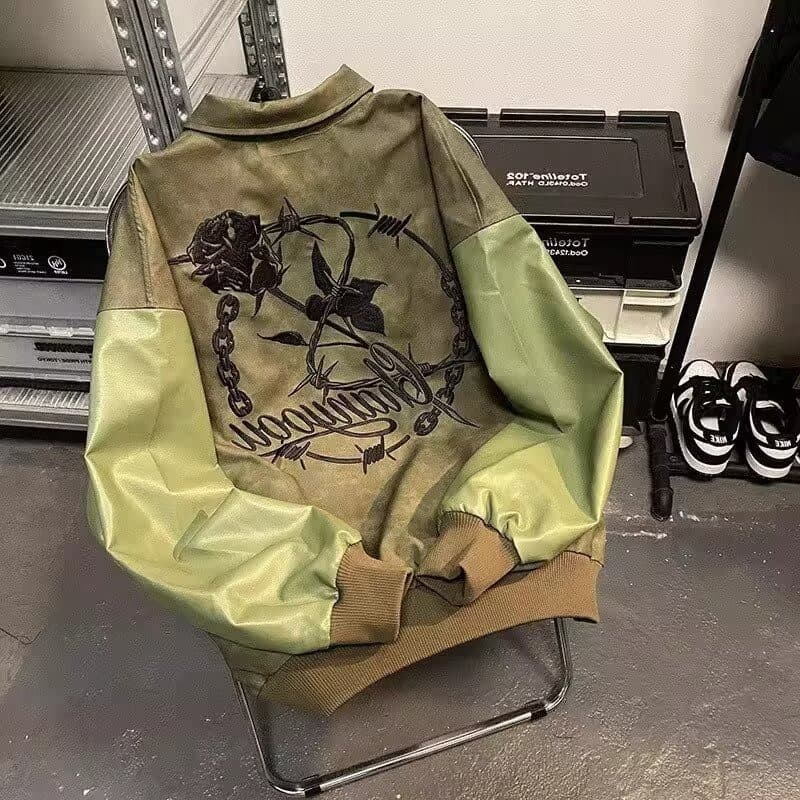 スタジャン 薔薇刺繍合成皮革袖スタジアムジャンパー