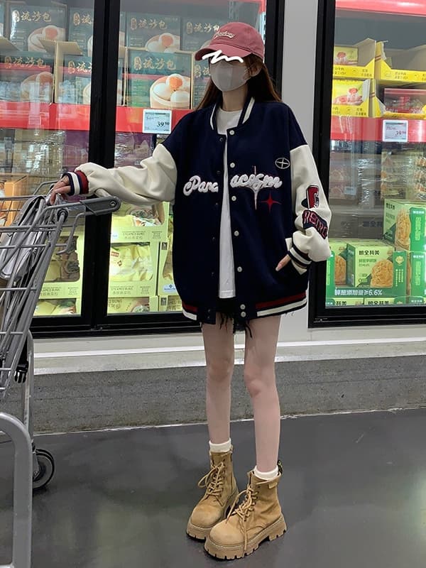 スタジャン 青 学生風バイカラーリバーシブルジャンパー