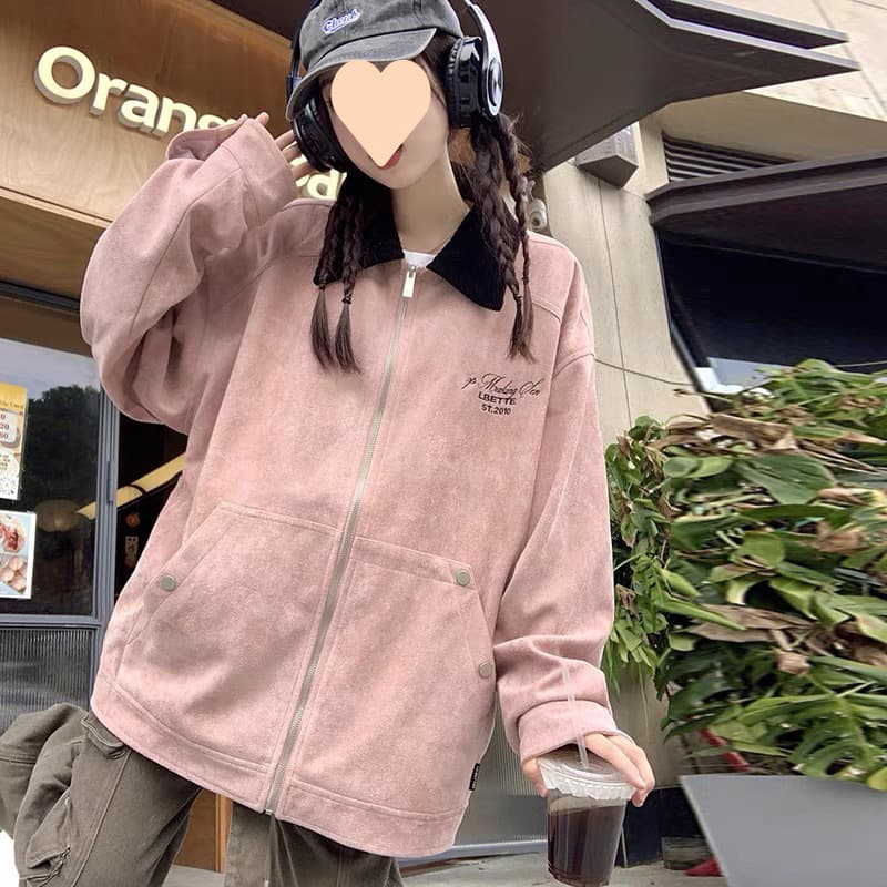スタジャン ピンク コーデュロイ襟付きスウェードブルゾン