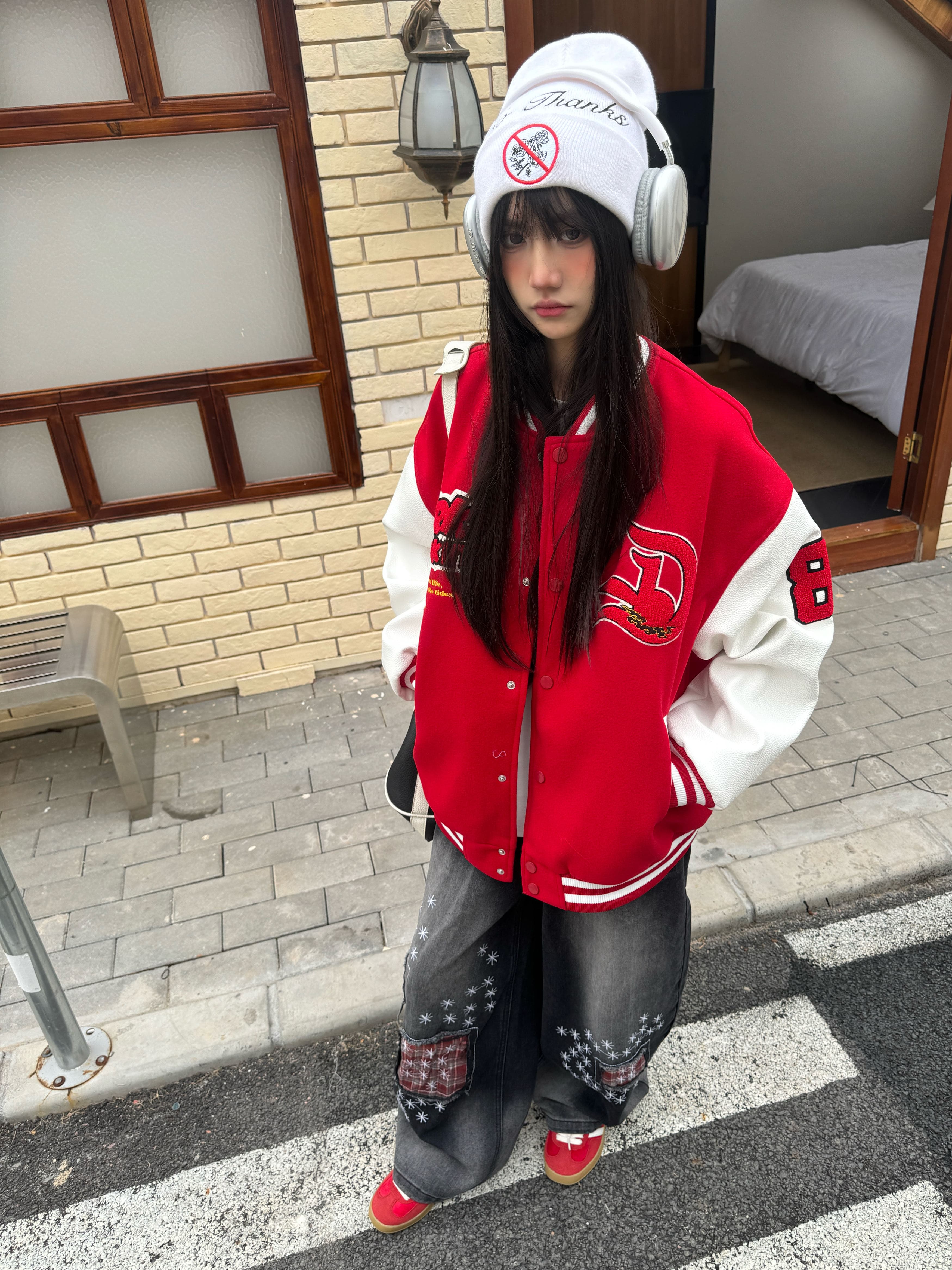 スタジャン 赤 ストリート風スタイリッシュ学院派