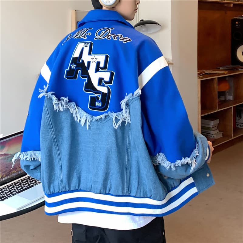 スタジャン 青 デニム切替スポーティジャケット