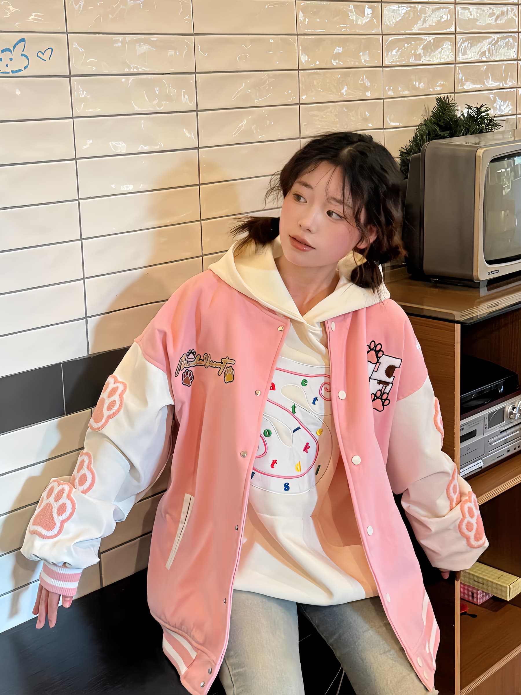 スタジャン ピンク 柔らか可愛い動物刺繍ゆったり着回しスタジャン