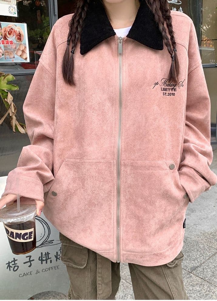 スタジャン ピンク コーデュロイ襟付きスウェードブルゾン