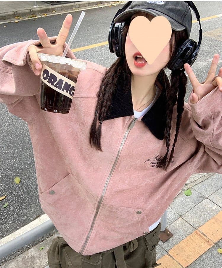 スタジャン ピンク コーデュロイ襟付きスウェードブルゾン