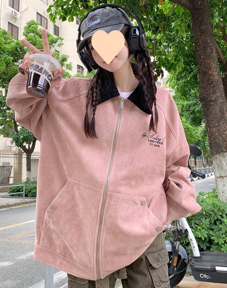 スタジャン ピンク コーデュロイ襟付きスウェードブルゾン