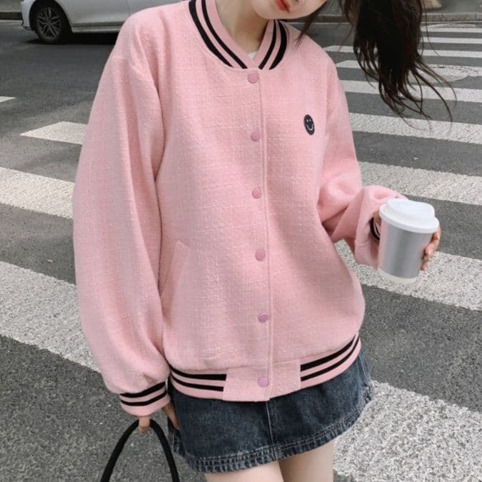 スタジャン ピンク かわいい学園風ボタンカーディガン