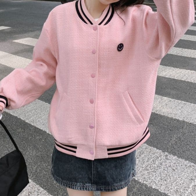 スタジャン ピンク かわいい学園風ボタンカーディガン