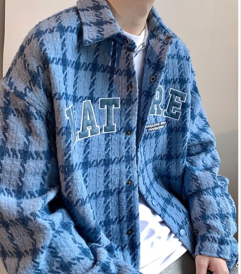 スタジャン 青 ゆったりチェック柄シャツジャケット