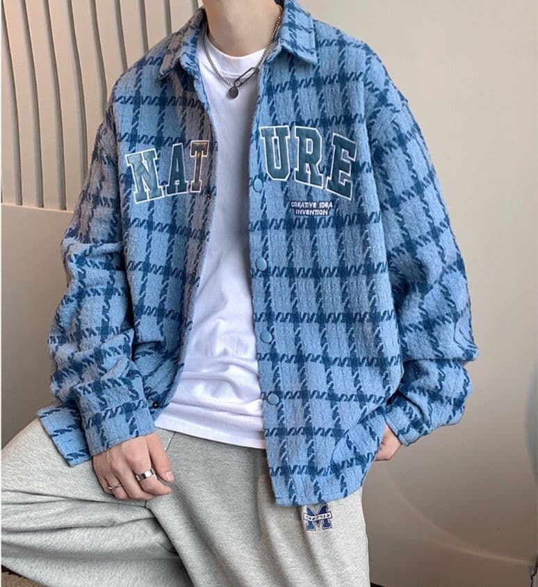 スタジャン 青 ゆったりチェック柄シャツジャケット