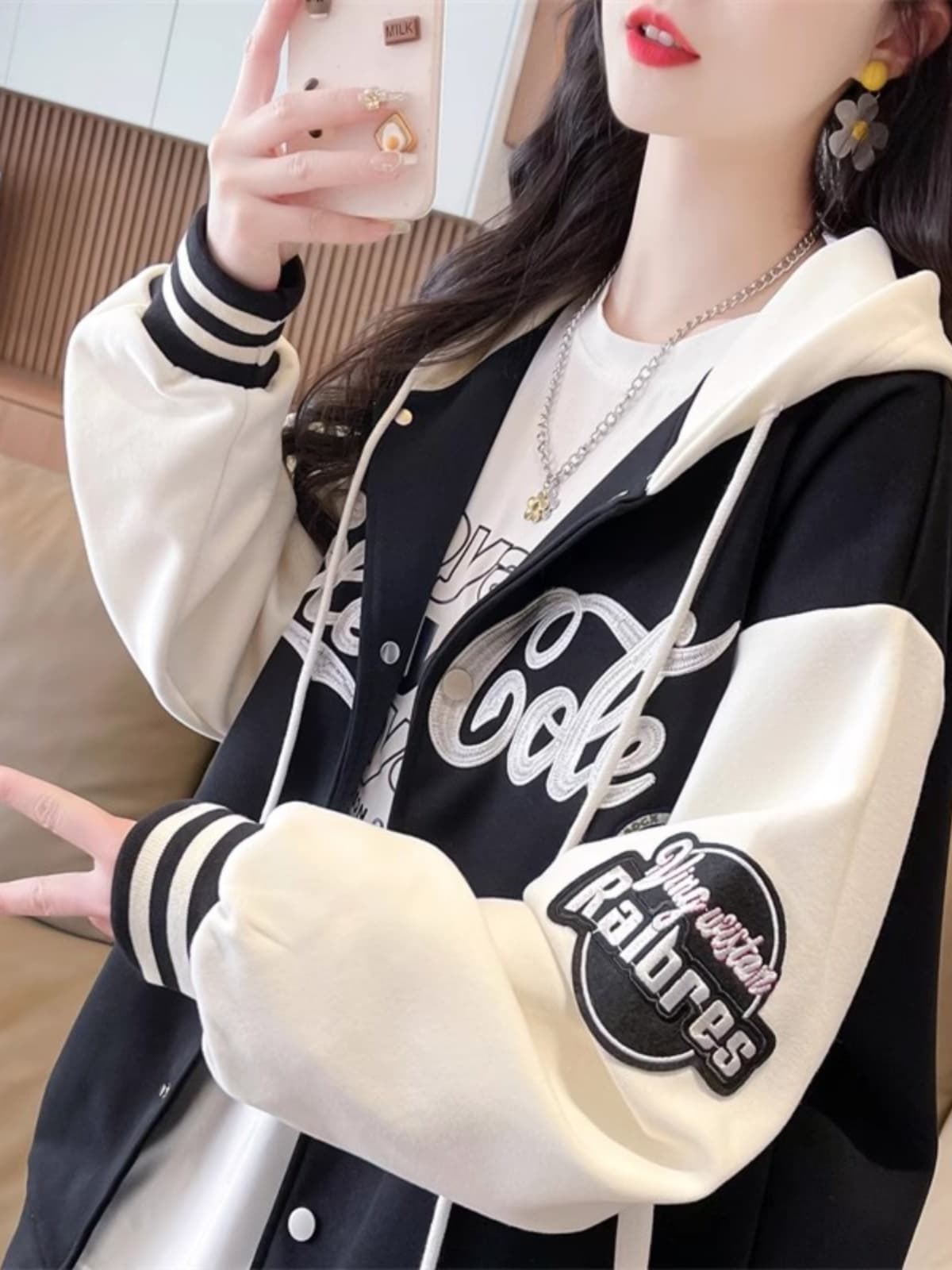 スタジャン 青 学院風フード付きバイカラージャンパー