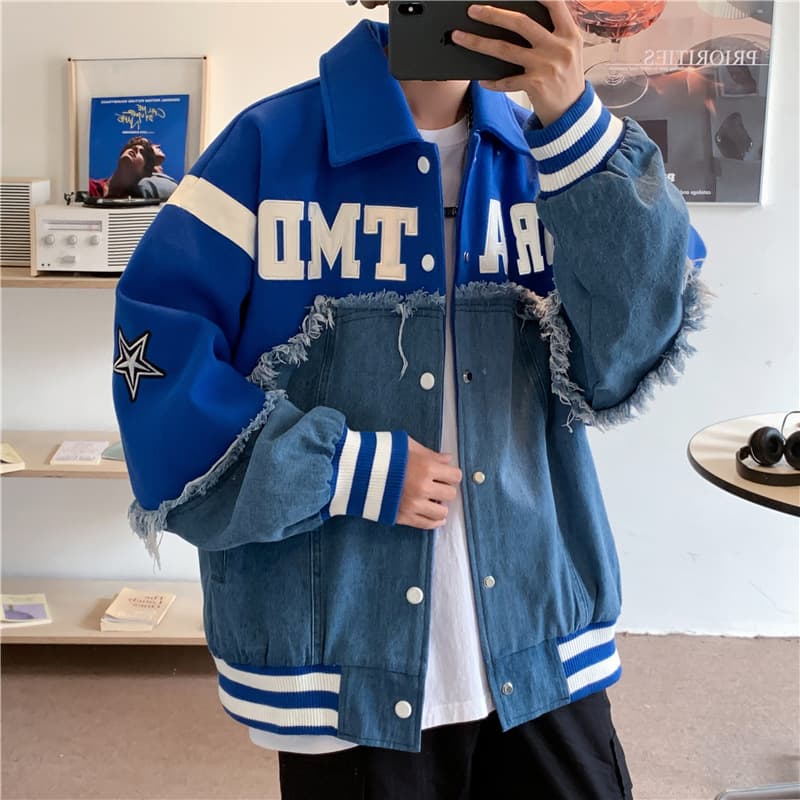 スタジャン 青 デニム切替スポーティジャケット