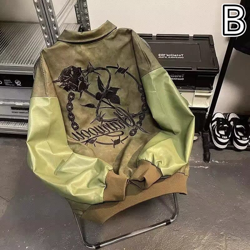 スタジャン 薔薇刺繍合成皮革袖スタジアムジャンパー