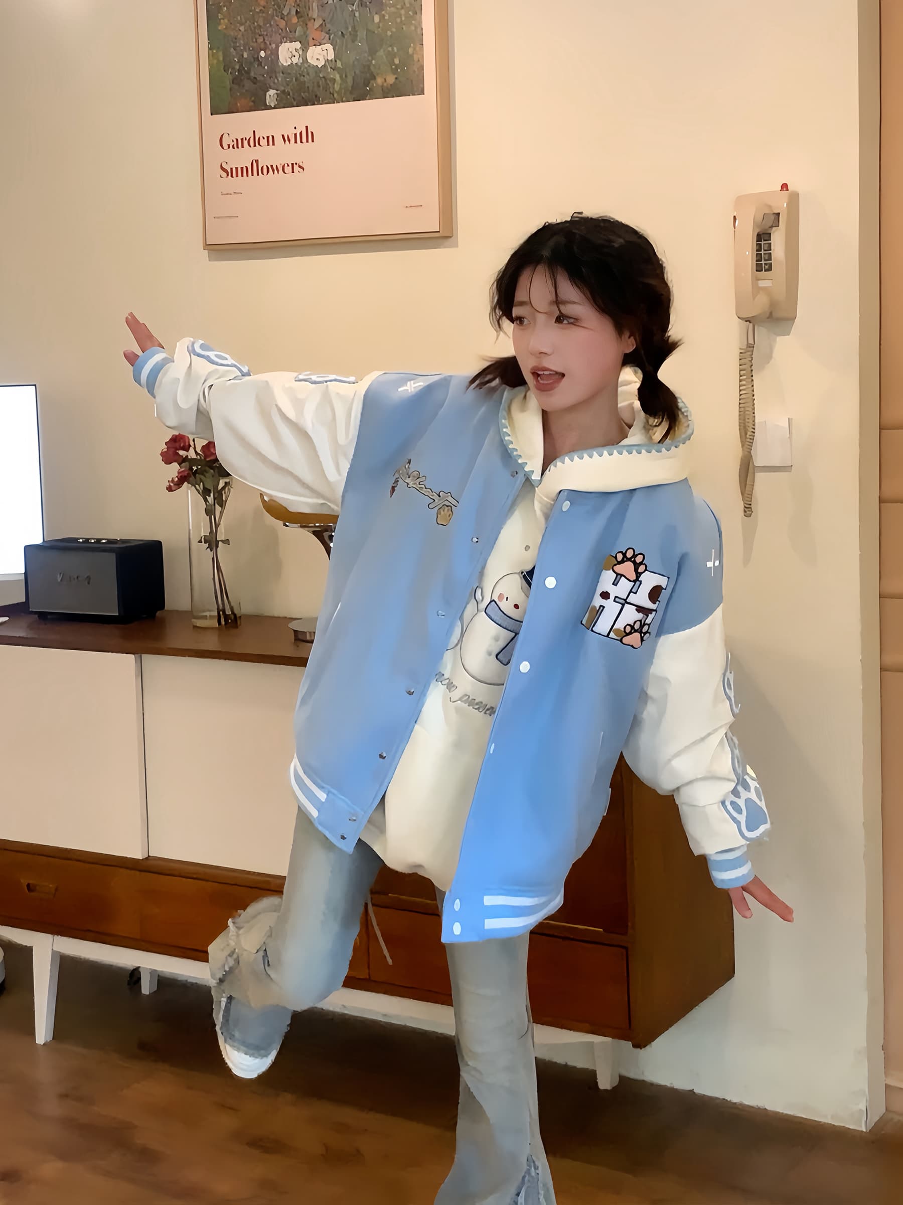 スタジャン ピンク 柔らか可愛い動物刺繍ゆったり着回しスタジャン