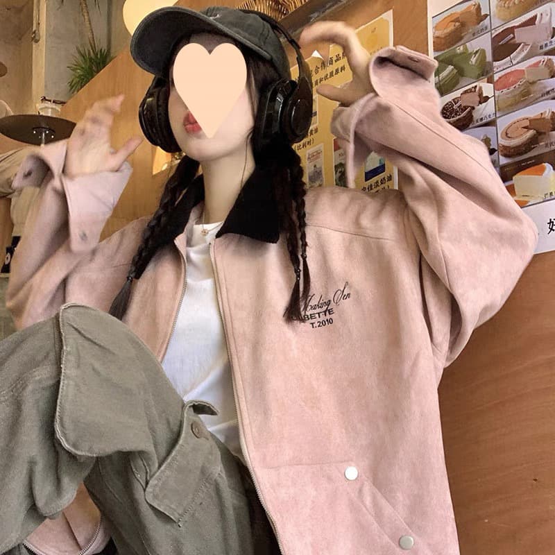 スタジャン ピンク コーデュロイ襟付きスウェードブルゾン
