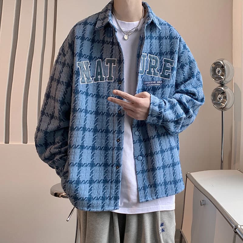 スタジャン 青 ゆったりチェック柄シャツジャケット
