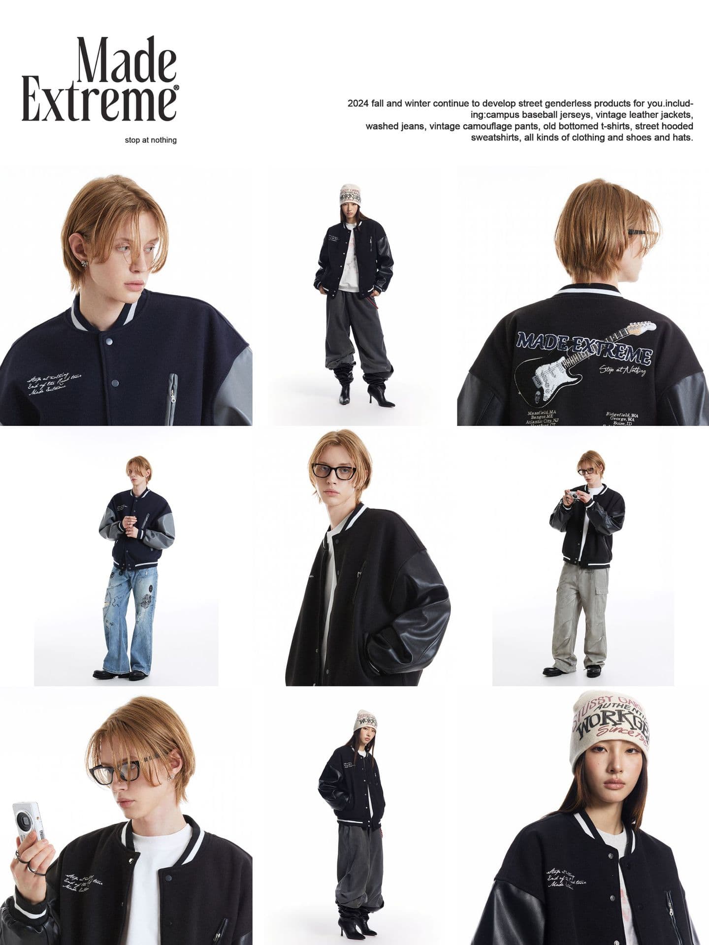 袖革切替スタジャン 男女兼用 刺繍デザイン 秋冬新作 青