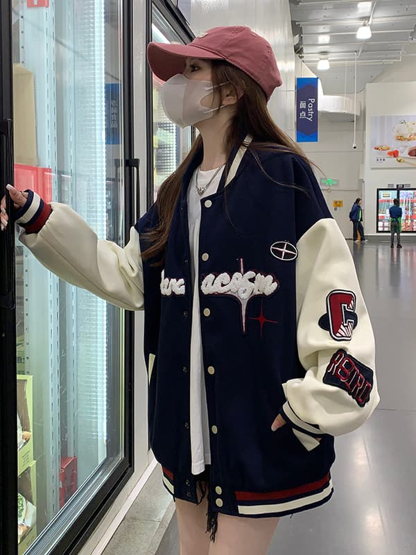 スタジャン 青 学生風バイカラーリバーシブルジャンパー