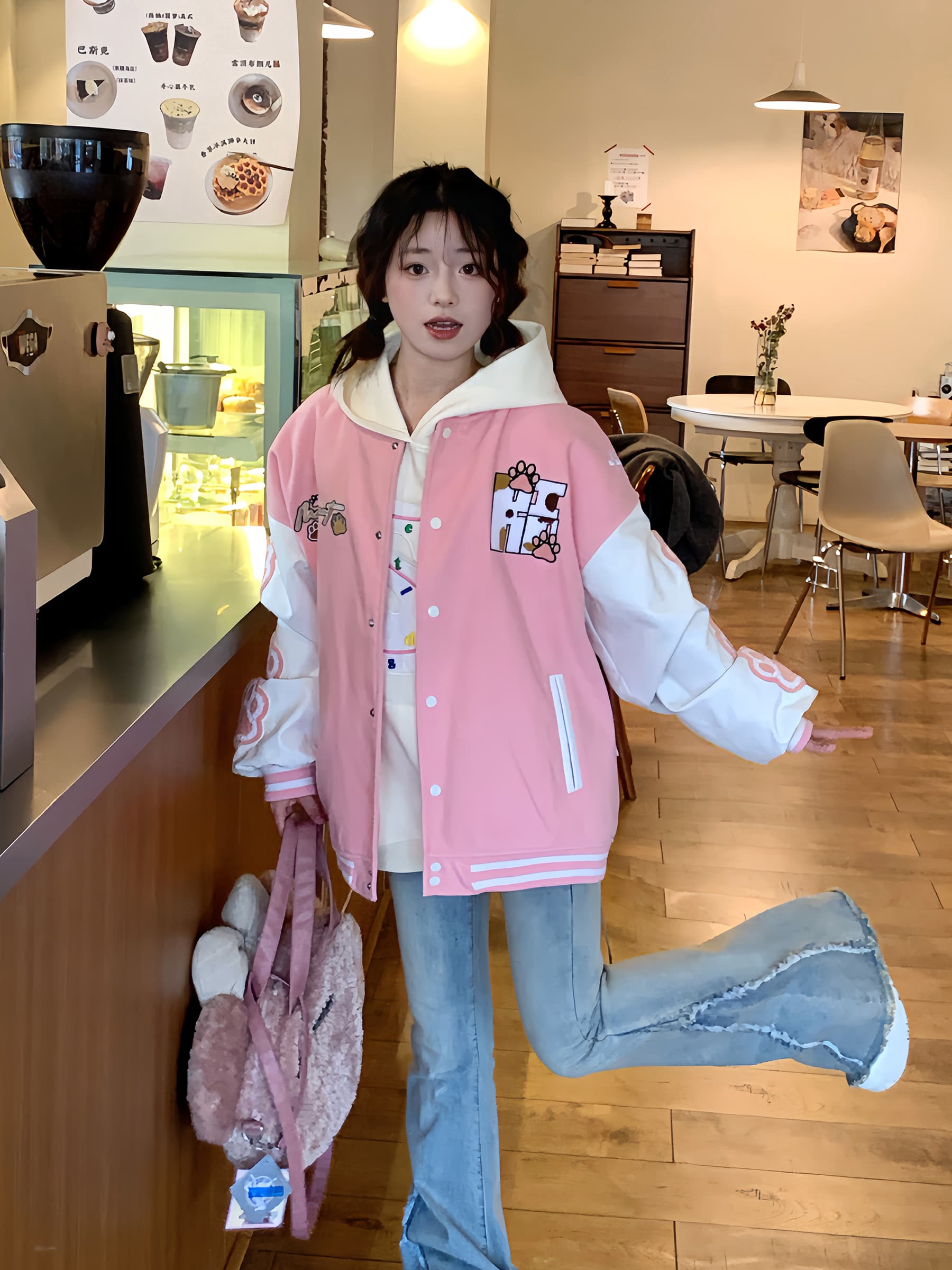 スタジャン ピンク 柔らか可愛い動物刺繍ゆったり着回しスタジャン