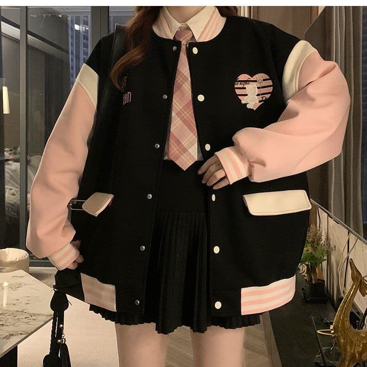 甘辛配色ハート刺繍スタジャン風ジャケット