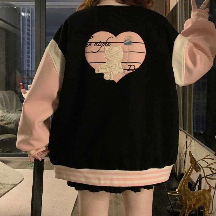 甘辛配色ハート刺繍スタジャン風ジャケット