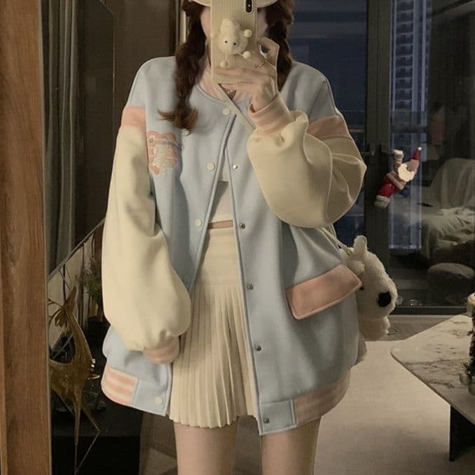 甘辛配色ハート刺繍スタジャン風ジャケット