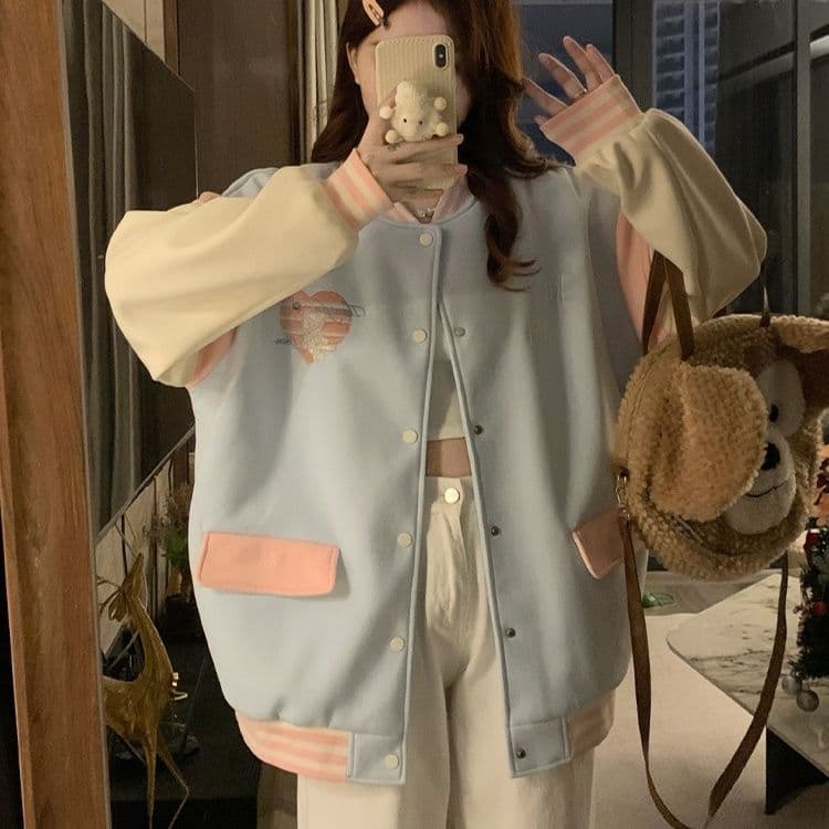 甘辛配色ハート刺繍スタジャン風ジャケット