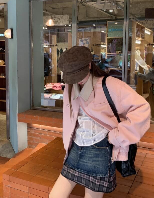 スタジャン ピンク 柔らか襟付きカジュアル外套