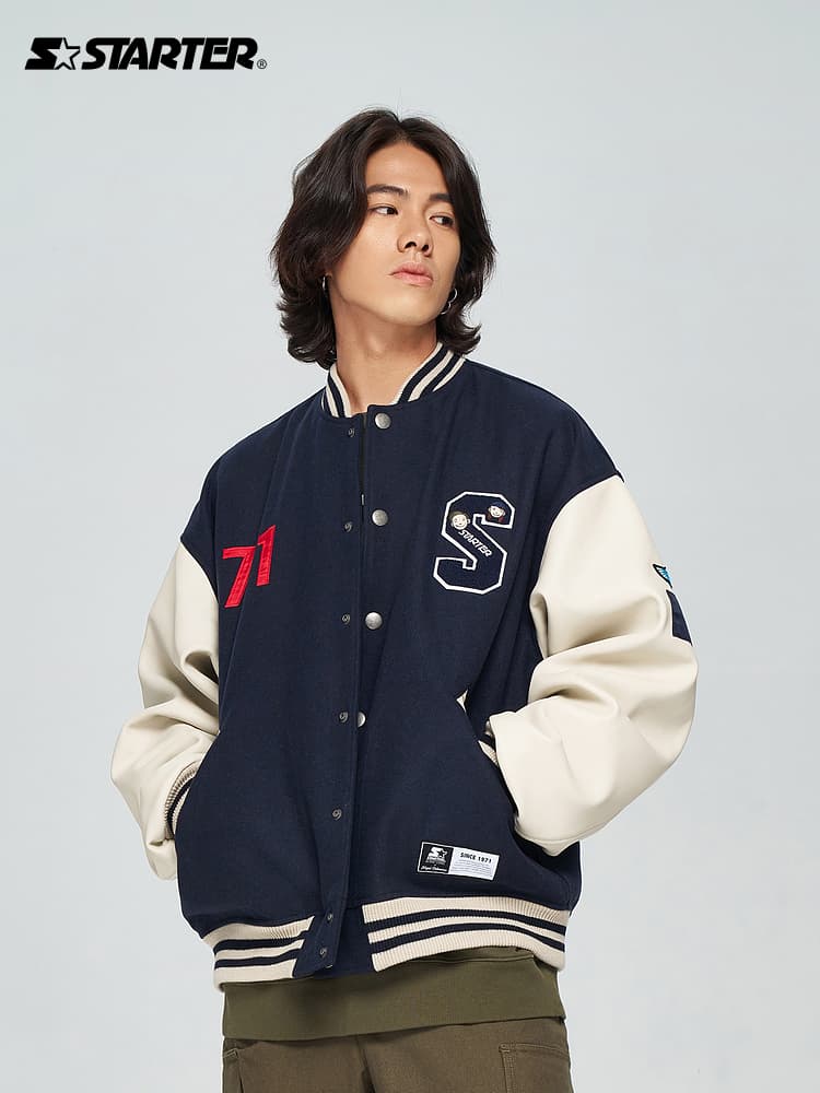 スタジャン 青 伝統的学院風スポーツジャケット